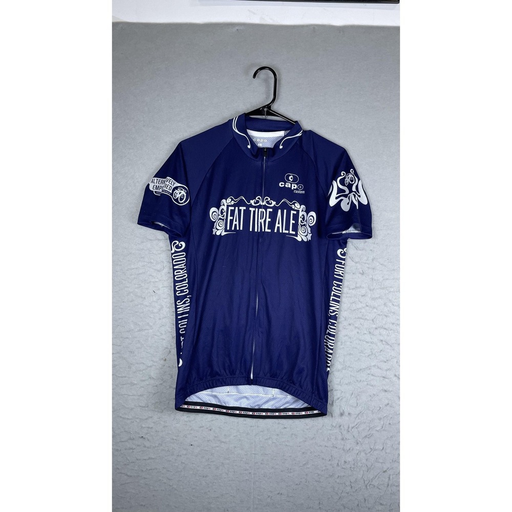 Capo Fat Tire Ale Cycling Jersey Mens Large Blue Full Zip Beer Shirt Colorado